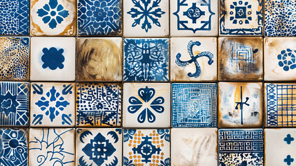 Colorful Assortment of Vintage Ceramic Tiles with Intricate Patterns