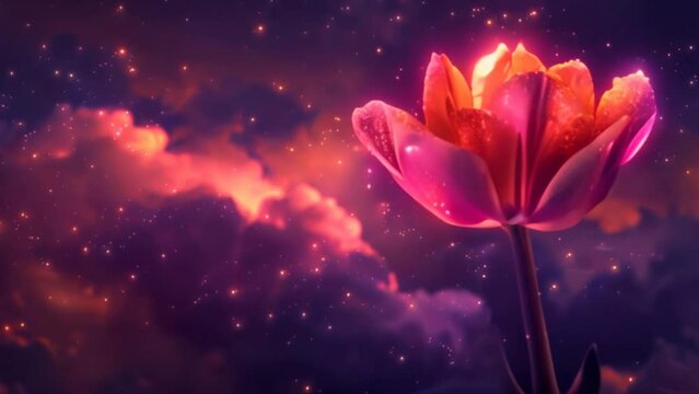An ethereal image of a tulip floating in the night sky amidst a starry sky. Its petals radiate an ethereal glow.