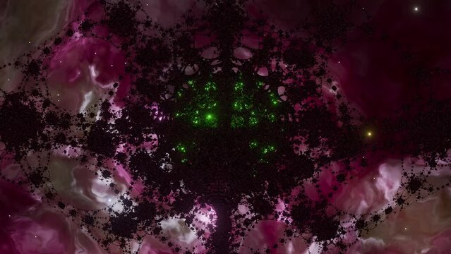 Alien fractal nest floating in front of nebula, 3d animation seamless loop