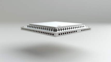 A white computer chip is floating in the air