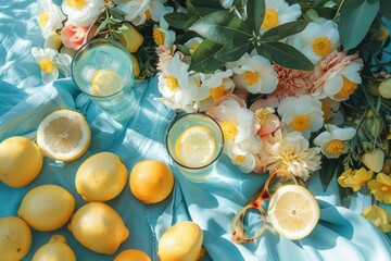 Summer Picnic Flatlay of Citrus Fruits, Bouquets of Fresh Flowers, and Lemon Water on a Blue