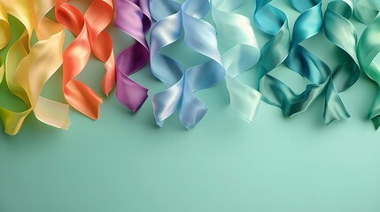 A detailed HD image of colorful rainbow ribbons gracefully draped across the top of a pastel mint green background, providing vibrant copy space