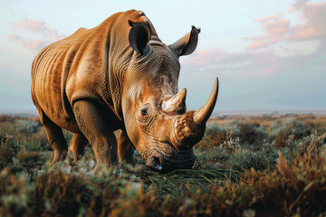 Fototapeta premium An African rhinoceros is seen munching on grass in a field