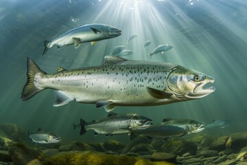 Vivid image of a school of salmon gracefully swimming within an expansive oceanic fish farm setting