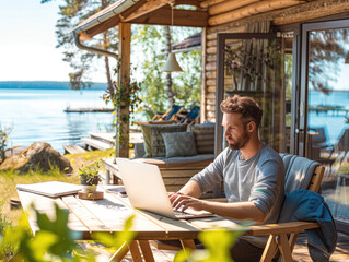 A freelancer shows the flexibility of remote work by working from a laptop at a summer house during vacation. Technology enables business to be done while enjoying time off, highlighting the advantage