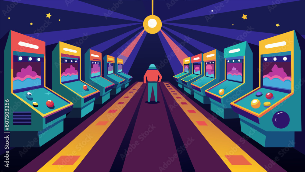 Poster a row of old school pinball machines their flashing lights reflecting off the shiny floors and playe