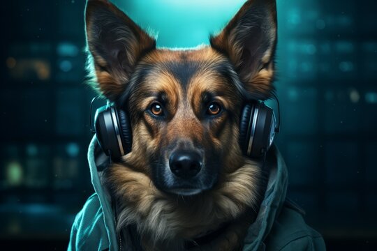 German Shepherd Dog developer in the hood and earphones. German Shepherd Dog programmer on schemed background. Horizontal banking poster for web. Photo AI Generated