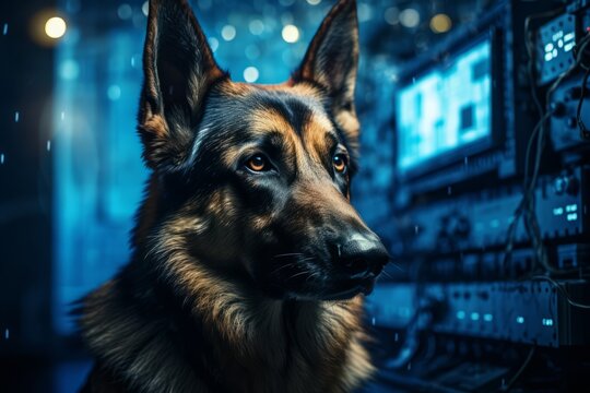German Shepherd Dog developer security. German Shepherd Dog programmer on schemed background. Horizontal banking poster for advertisement. Photo AI Generated