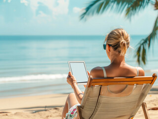 A woman lounges on a beach chair, using a digital tablet with a blank screen for relaxation.