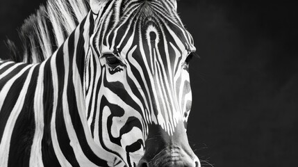 black and white photography of zebra, close up, high contrast, highly detailed, photorealistic,
