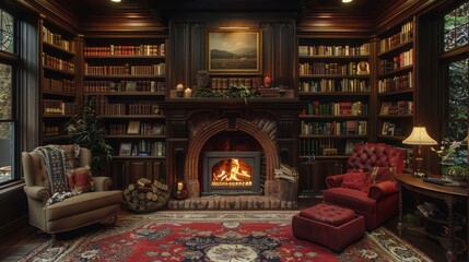 A cozy living room with a fireplace and a large collection of books. The room has a warm and...