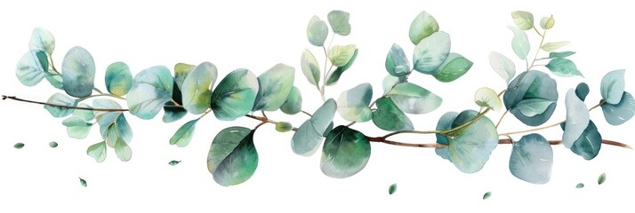 Seeded Eucalyptus Tree Branch in Green Watercolor Floral Set, Isolated on White Background
