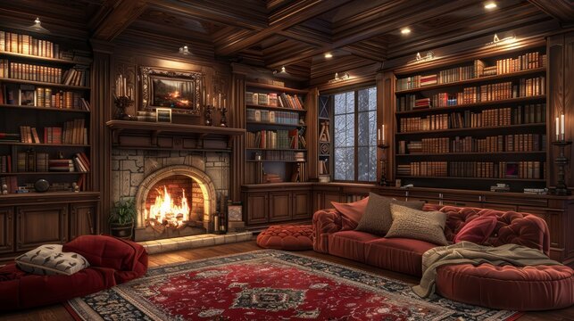 A cozy living room with a fireplace and a large collection of books. The room has a warm and inviting atmosphere, perfect for relaxing and reading