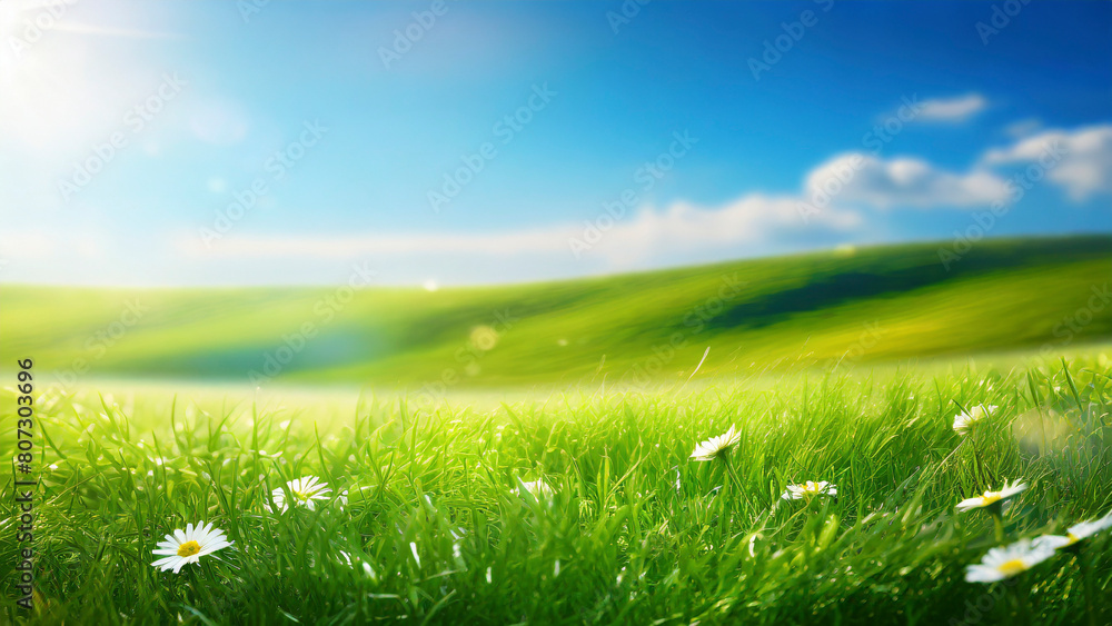 Wall mural Green grass and daisies with blue sky in the background.  Nature background. Copy space.