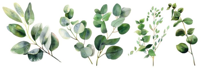 Seeded Eucalyptus and Tree Branches. Watercolor Floral Set of Green Leaves, Willow and Baby