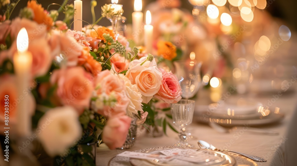 Poster a table with a floral centerpiece and a variety of wine glasses and utensils. the table setting is e