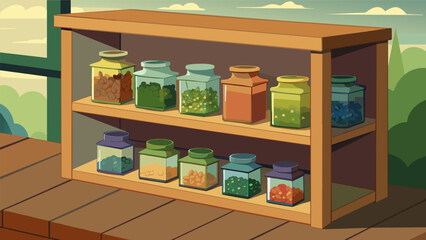 A small corner of the balcony with a wooden crate repurposed as a shelf displaying a collection of neatly labeled glass jars filled with different.