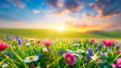 Obraz premium Beautiful spring meadow with blooming flowers at sunset