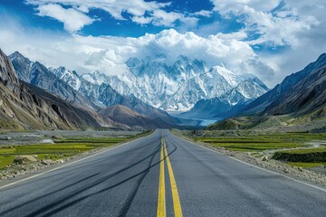 Naklejka premium Scenic Highway Landscape: A Beautiful View of the Blue and Green Mountains and Hills