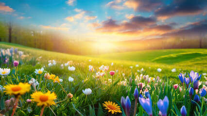 Beautiful spring meadow with blooming flowers at sunset