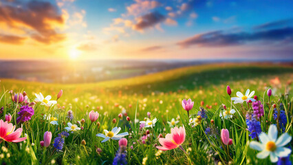 Fototapeta premium Beautiful spring meadow with blooming flowers at sunset