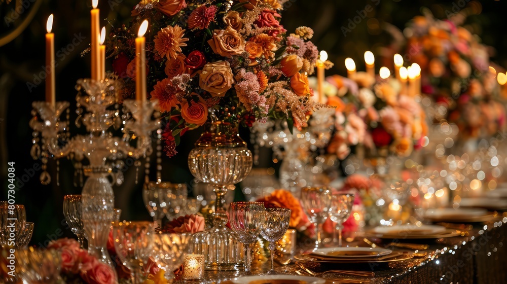 Poster a table with a lot of candles and flowers on it. the table is set for a special occasion