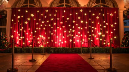 A red curtain with stars on it. The curtain is red and has a star pattern