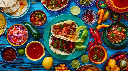 Colorful spicy mexican tacos spread on a table. Traditional cuisine and food concept.