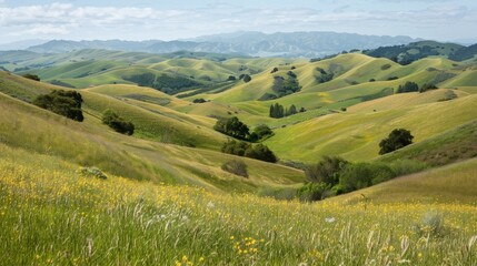 Fototapeta premium A hilltop vista of rolling hills and valleys a humbling reminder of the vastness and diversity of nature.