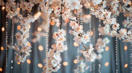 A beautiful arrangement of white flowers hanging from the ceiling. The flowers are adorned with...