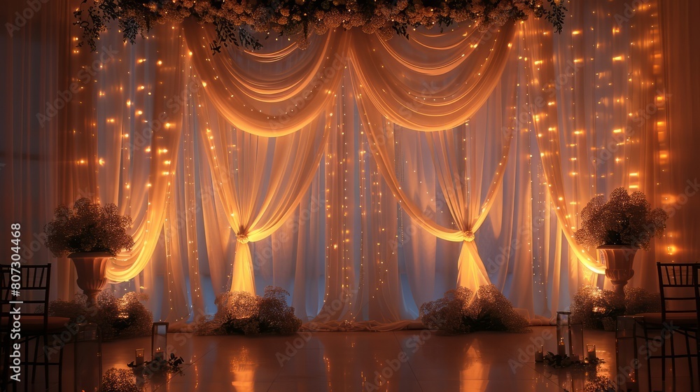 Poster a beautifully decorated room with a white curtain hanging over the wall. the curtain is adorned with