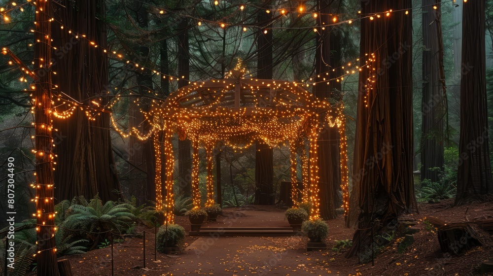 Poster a gazebo in a forest with lights hanging from the roof. the lights are orange and create a warm and 