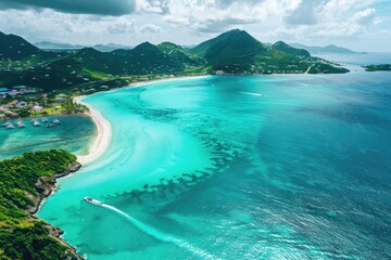 Fototapeta premium Scenic Viewpoint of Panoramic Lagoon and Green Mountains, Captured by Drone 