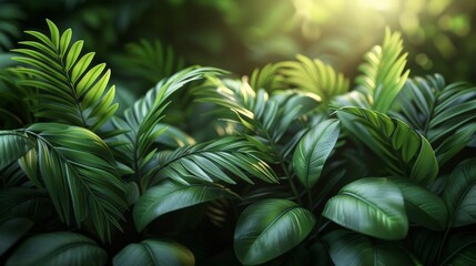 A closeup view of green leaves in a natural environment. A tropical leaf, a natural green leaf plant.