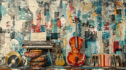 Naklejka premium A wall with a colorful background and a bunch of musical instruments on it. The instruments include a cello, a guitar, and a keyboard. There are also some books and a bowl on the table