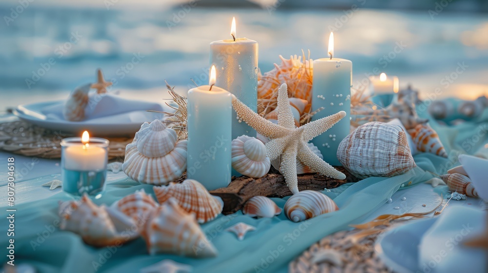 Fototapete a table with candles and seashells on it. scene is calm and relaxing, as if someone is enjoying a be