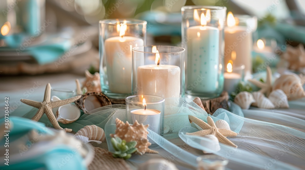 Fototapete a table with candles and seashells on it. scene is calm and relaxing, as if someone is enjoying a be
