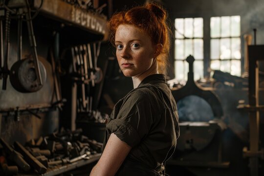 Redheaded Woman Blacksmith at Work in Industrial Workshop: Production, Manufacturing