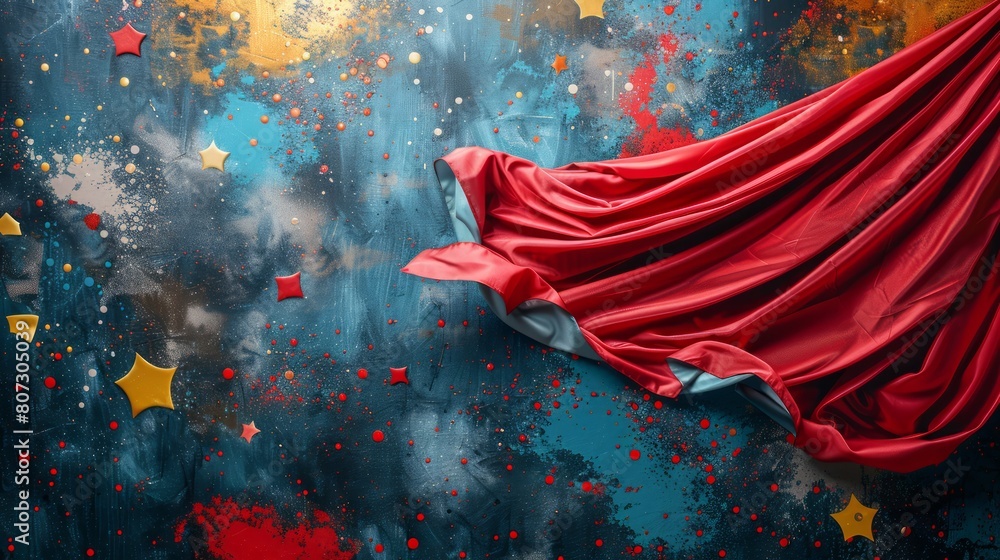 Poster a red cape is blowing in the wind, with stars scattered around the background. the image has a sense