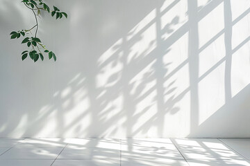 A plant in a white room casting a shadow on the wall