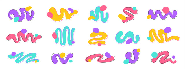 Liquid y2k style squiggles set. Colorful blob shapes, groovy doodle lines, bold scribbles, wavy stripes. Fluid paint stains, spots, trendy graphic design elements, text backgrounds collection. 
