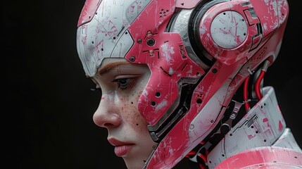 Combat robot beautiful android woman on dark background. Evolution of future technologies. Cyberpunk society. Illustration of artificial intelligence. Pink armour