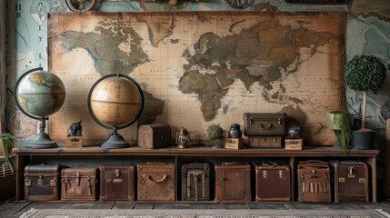 A collection of vintage items including a map and globes are displayed on a shelf. The scene has a...