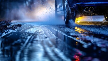 Emphasizing Road Safety: Car Tires Spraying Water on Wet Road. Concept Road Safety, Wet Road Conditions, Car Tires, Water Spraying, Traffic Safety