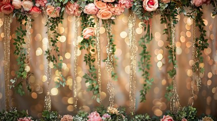 A wall covered in green vines and pink flowers. The flowers are arranged in a way that they look like they are hanging from the wall. Scene is one of beauty and elegance