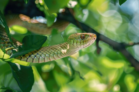 Reptile in Summer: Aesculapian Snake Hanging on Tree in Closeup View Amidst Green Forest Environment