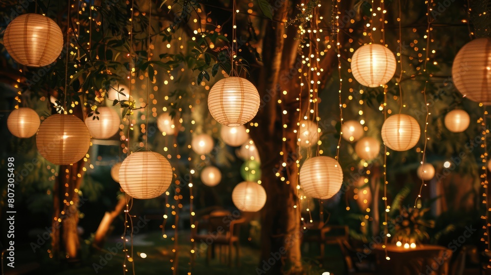 Aufkleber A tree is lit up with many paper lanterns hanging from it. The lanterns are lit up and create a warm and inviting atmosphere