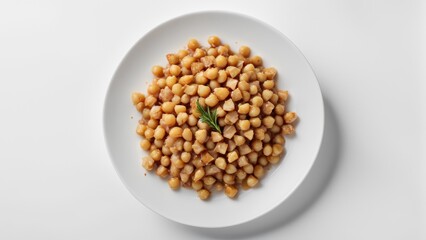 A white plate filled with chickpeas cooked with pieces of meat.