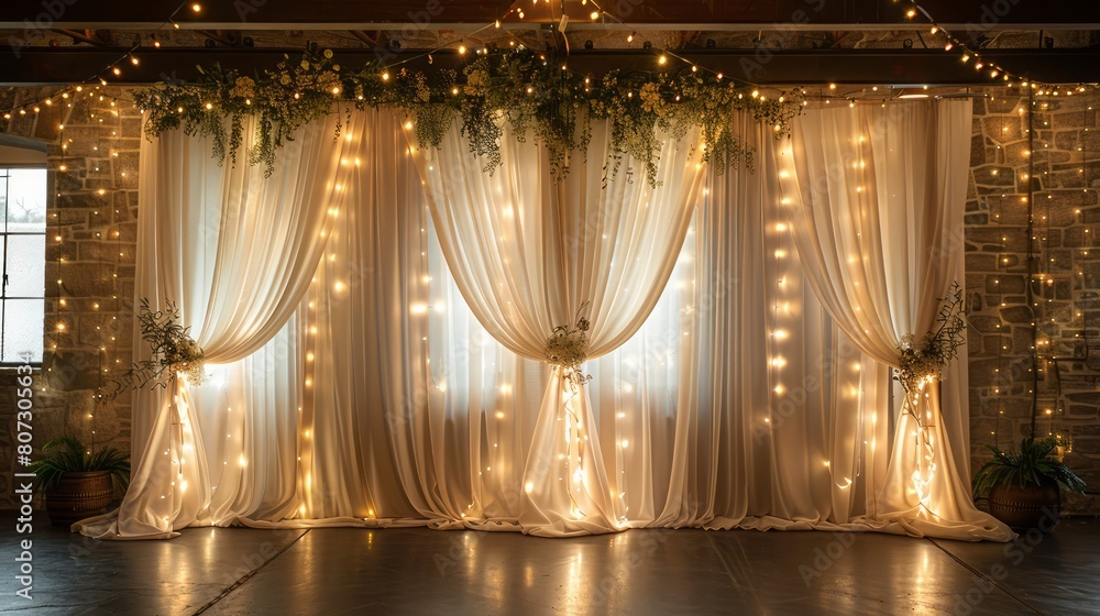 Poster a large white curtain with green leaves hanging from it. the curtain is lit up with lights, creating
