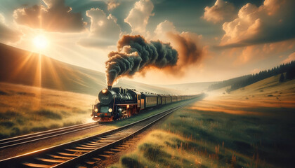 Steam train traveling through misty countryside at sunrise, with a trail of smoke rising against a vivid sky and sun rays illuminating grassy fields wallpaper - Powered by Adobe